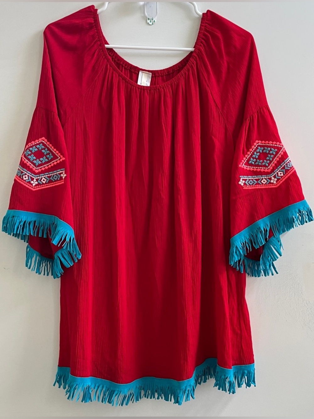 Lilypad Red Embroidered Fringe Tunic Top with Turquoise Accents Size:M Boho